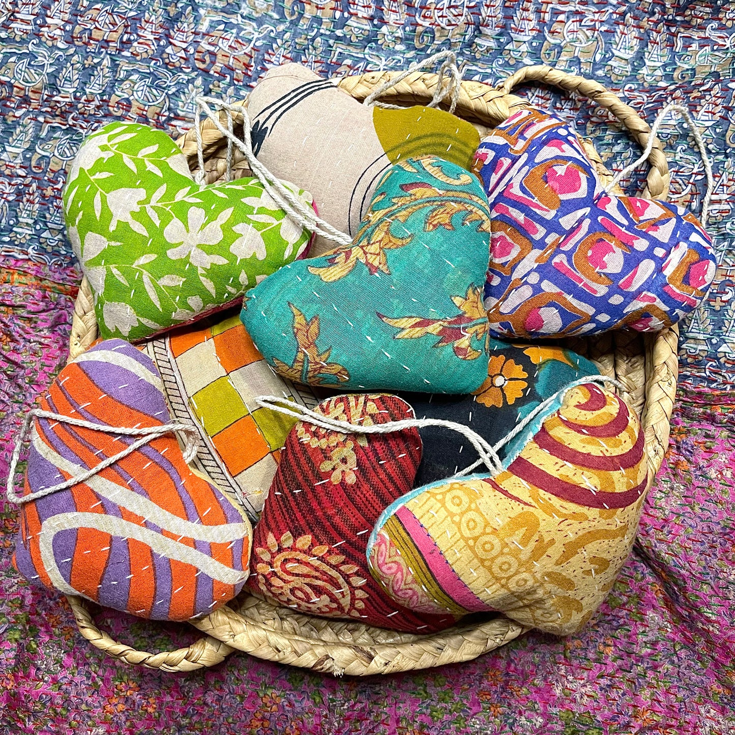 Handmade Kantha Heart Ornaments 4pk