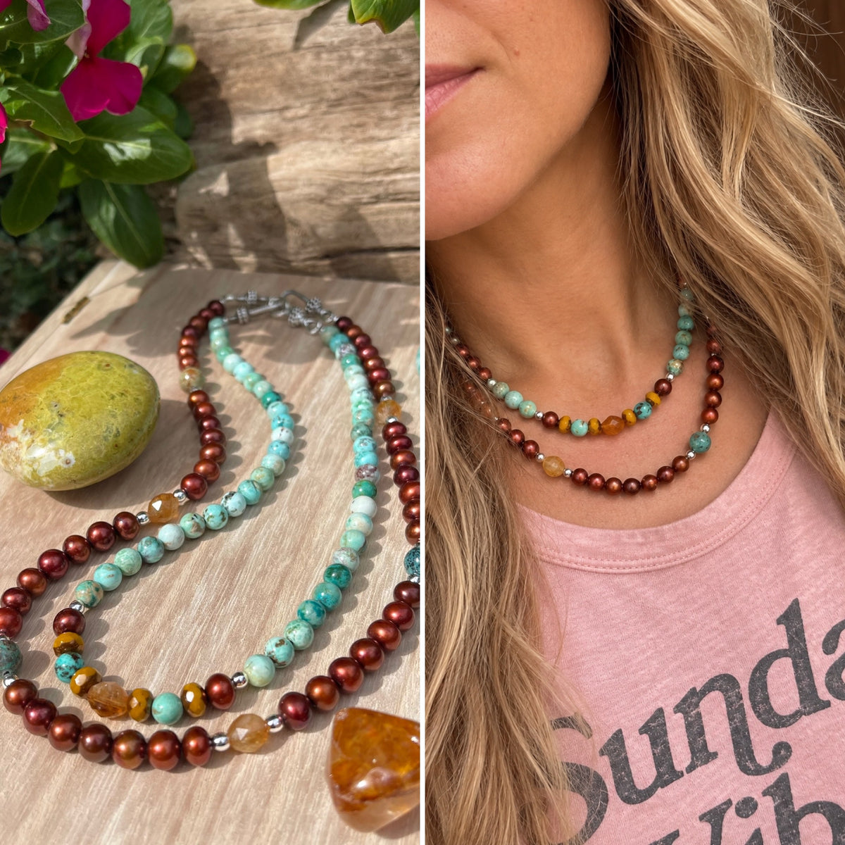 Copper Pearl + Turquoise Necklace Set