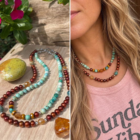 Copper Pearl + Turquoise Necklace Set